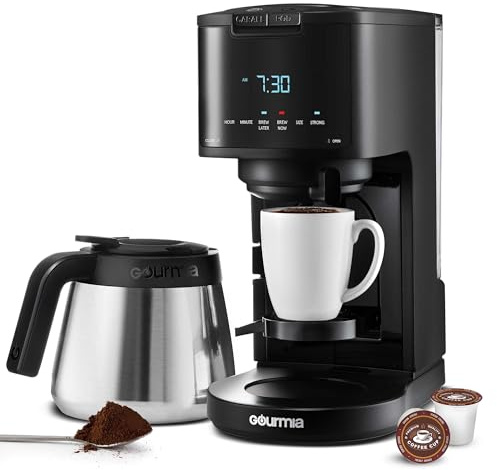 Gourmia 2-in-1 Single Serve and 12 Cup Coffee Maker - Drip Brew, K-Cup Compatible, Programmable, Pause and Serve, Removable Filter, Thermal Carafe, Black