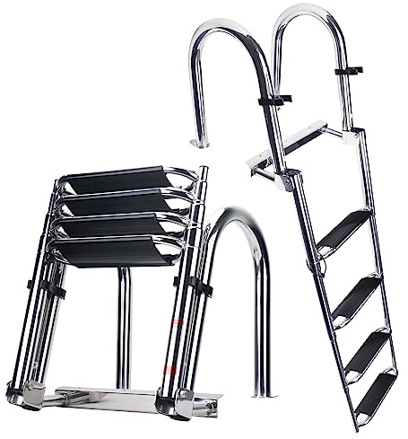 Heavy Duty Pontoon Boat Ladder, 316 Stainless Steel 4 Step Telescoping Folding Rear Entry Inboard Ladder All Welded Reinforce Dock Swim Deck Ladder with Wide Steps Strong Handrails