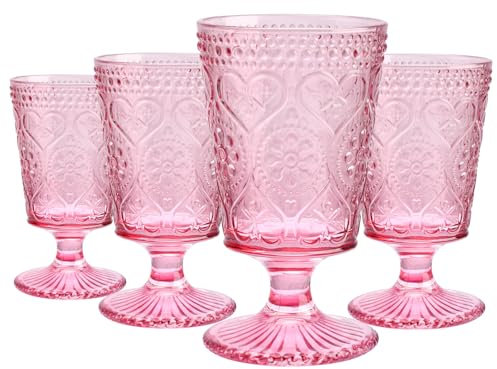 Pink Wine Glasses Set of 4-12 OZ Colored Glass Goblet Stemmed Vintage Chalices for Valentine's Day, Christmas, Party, Wedding, Anniversary