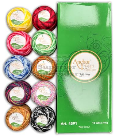 Pack of 10 Multi Variegated Anchor Pearl Cotton Balls Anchor Crochet Cotton Embroidery Thread Balls Size 8 (85 Meters Each) Double Shaded Coloured UK