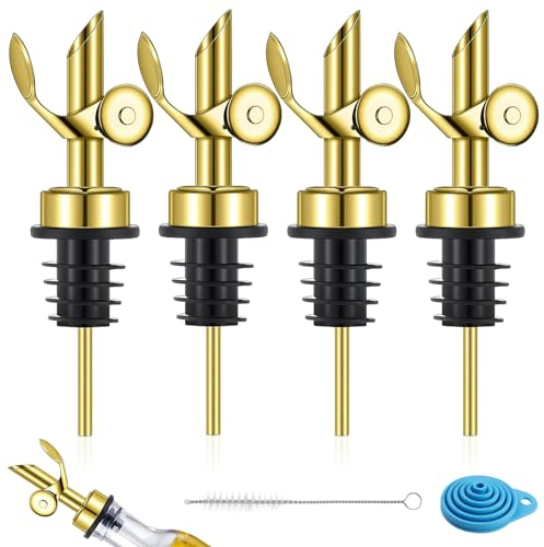 GZLFH 4 Stück Ausgießer, Flaschenausgießer mit Reinigungsbürste und Silikontrichter, Schnapsausgießer für Olivenöl Flüssiger Essig Wein Schnaps Sirup (Gold mit Deckel)