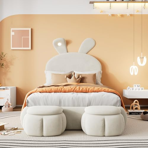 Lit simple rembourré, 90 x 200 cm, oreilles de lapin, avec luminosité réglable, bandes lumineuses de couleur chaude, 2 tabourets de rangement, dossier, lit pour adolescent, lit d'enfant, avec lattes