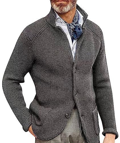 Giacca a maglia chunky da uomo - Maglione con bottoni da uomo, cappotto da uomo con colletto ritto in lana, maglione completo con ago spesso ispessito da uomo, completi da uomo slim fit con 3 bottoni