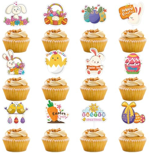 VARACL Lot de 24 décorations de cupcakes de Pâques, décorations de gâteau pour fête de Pâques, œufs et lapins, fournitures de décoration pour fête d'anniversaire