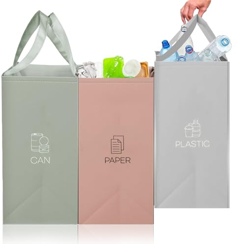 Ksvaye 3 Packs Recycling Bags for Kitchen, Reusable Recycling Bin Bags, Plastic Glass Paper Recycling Bin, Separate Sorting Organizer with Handles for Kitchen Home Office