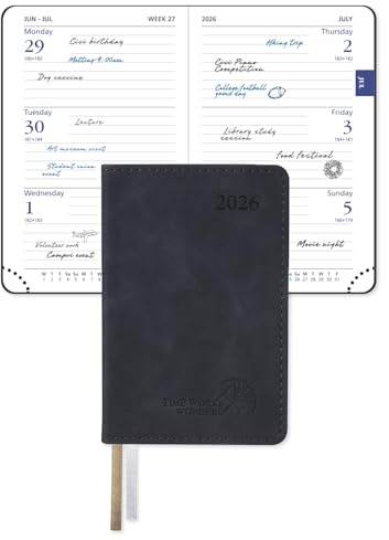 POPRUN Mini diario tascabile 2026, formato A7, visualizzazione settimanale, 12 x 8 cm, formato palmare, sottile, calendario settimanale 26 con carta da 70 g/m², copertina morbida in pelle PU (nero)