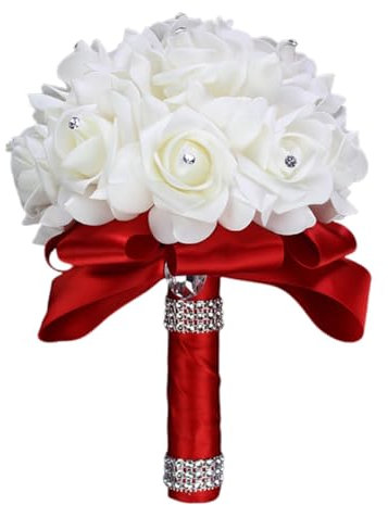 GreatRise Bouquet da sposa finto bianco rosa bouquet artificiale bouquet a mano con strass damigelle d'onore mazzi di fiori romantici bouquet per matrimonio sposa confessione rosso