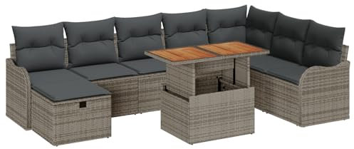 vidaXL Garten-Sofa-Set mit Kissen mit Speicher 9 pcs Grau Poly Rattan, Garten und Terrasse, modernes, modulares Design, verstellbare Füße, Coole Möbel, vielseitige Lounge für Entspannung