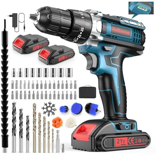 Taladro Atornillador 21V, Taladro Percutor a Bateri, Taladro Batería Atornillador Electrico con 61 Accesorios, Atornillador a Bateria Cepillo de Batería, 2 X 21V Baterías