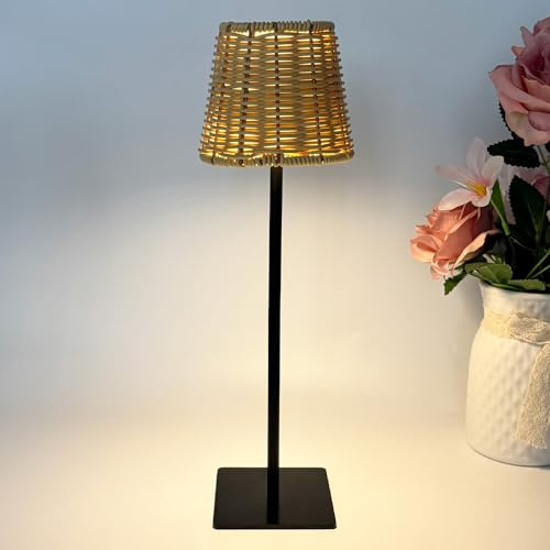 Cordless Boho Rattan Table lamp,Wicker Lamp,LED Rechargeable Reading Lights,3 Colours Dimmable Touch Control Night Light for Bedroom Living Room Office Restaurant Lighting Bedside Lamps (Bohemian-1)