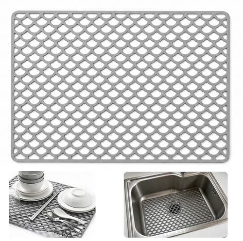 Vokmon Silicone Sink Protector Mat with Raised Pillars, Trim-to-Fit, Grey | 0.9cm thick, heat resistant up to 230°C, grid holes, dishwasher safe, dish drying mat, sink protectors for kitchen sink