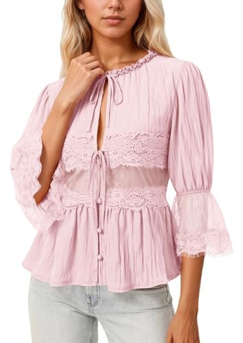 T-Shirt Femme Élégant Chemisier Femme Imprimé Élégant Dentelle Chemise Col Blouse Taille Smockée Manches Chiffon Soleil Ajustement Lâche Décontracté Pull Sport T Shirt été
