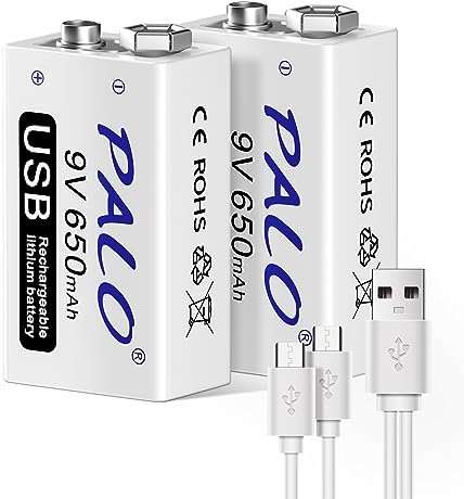 PALO 2 Pack 9V Batería recargable USB 650mAh Li-ion con 2 en 1 Cable USB para alarma de humo de micrófono de teclado