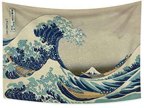 YongFoto 150x100cm Japanisch Ukiyo-E Tapisserie Große Welle Wandbehang Kanagawa Boot Tapisserie für Veranda Wandbehänge Dekor Wohnzimmer Wohnheim Bettdecke Wandkunst