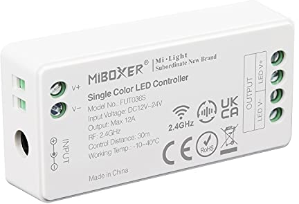 LIGHTEU®, Milight Miboxer Controlador de tira LED con regulador de intensidad de un solo color de 2,4 GHz Salida de 12 V/24 V CC Máx. 12A, PWM de alta/baja frecuencia FUT036S