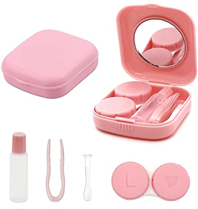 laeeyin Contact Lens Container Portable Hygiene Contact Lens Container Travel Set with Mirror for Daily Excursions Like Travel and Work (Pink)