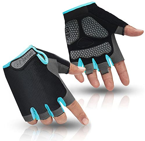HuwaiH Bike Gloves for Men/Women, Cycling Gloves with Anti-Slip Shock-Absorbing Pad Half Finger Biking Bicycle Gloves (Black/Blue, Small)