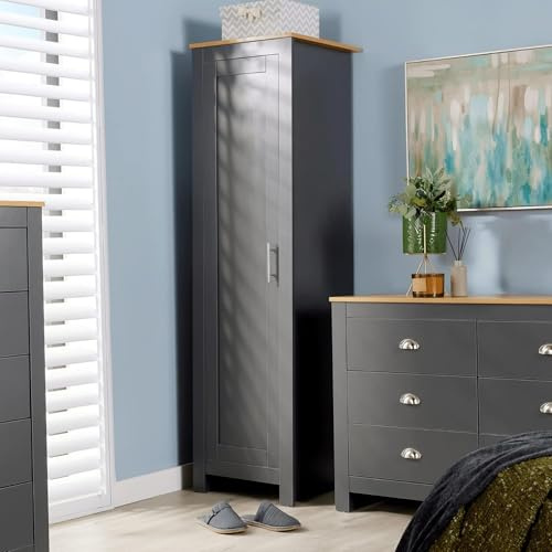Home Source Bedroom Furniture, 1 Door Slim Wardrobe, Oak Effect Top, Dark Grey