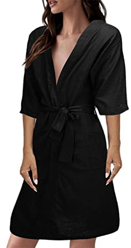 IQYU Peignoir léger et fin en lin pour femme - Manches courtes - Vêtement de nuit d'été avec ceinture - Peignoir de voyage léger - Pour sauna, sauna, nuit