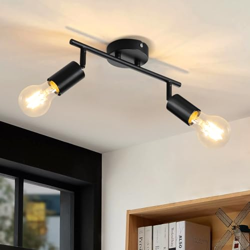 CBJKTX Deckenleuchte Schwarz Deckenlampe 2 Flammig - E27 Deckenstrahler Vintage Flur Deckenspot Schwenkbar 350° Spots Industrial küchenlampe für Küche Wohnzimmer Schlafzimmer (ohne Leuchtmittel)