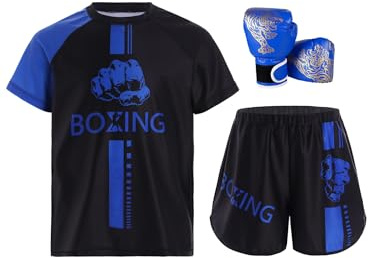 Miutii 3tlg.Kinder Jungen Trainingsanzug Boxing Kleidung Muay Thai Short Kickboxen Kurze Hose + T-Shirt + Boxhandschuhe Thai MMA Kampfsport Training Sport Set Blau 110-116