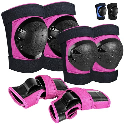 iMoebel Set di Protezioni, 6 in 1, Set di Protezioni per Bambini, Ginocchiere, Gomitiere e Polsiere Regolabili per Pattinaggio, Guida Scooter, Skateboard Rosa, Taglia M