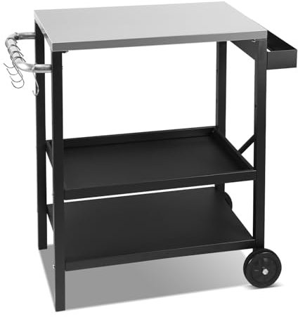 ISOISL Carro de barbacoa regulable en altura, mesa de barbacoa con 3 estantes, 6 ganchos, asa y estante para especias, carrito de cocina al aire libre con ruedas, mesa de acero inoxidable para jardín,