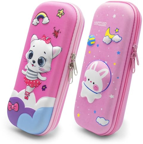 HTRTRR Set di 2 Astucci 3D per Bambini, Astuccio Scolastico Rosa con Cerniera, Porta Matite per Scuola Elementare e Asilo, Design Cartone Animato in Rilievo