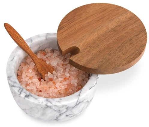 TABHOUKIT Salero Mármol con Tapa y Cuchara Madera Caja de Sal y Pimentero de Piedra Cocina Contenedor para Especias, Azúcar, Chile, Bote para Sal (Tazón Blanco)