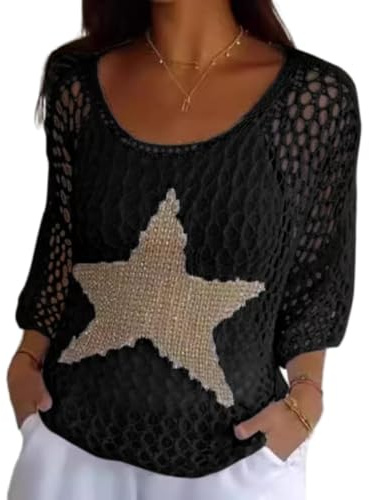 ZBDZSW Pull de plage en maille ajourée avec motif étoile pour femme, 01, XL