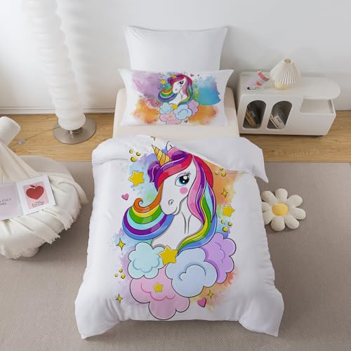 ROZTYLJ Unicorn Kids Duvet Cover, Toddler Bedding Set for Girls with Zip Fastening, Cot Bed Duvet Cover Set 120x150cm With 40x60 cm Pillowcase