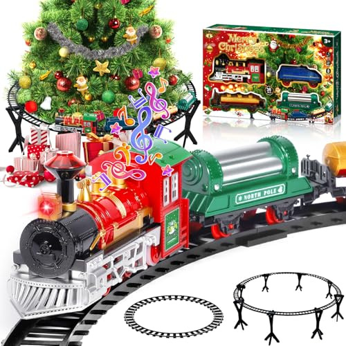 POWZOO Electric Train for Children,Tren Eléctrico Navideño,37 Piezas Juguete navideño,Locomotora,3 Vagones,90cm Pista Circular,para Decorar Árbol de Navidad(Opción Montaje Bajo/Alrededor del Árbol)