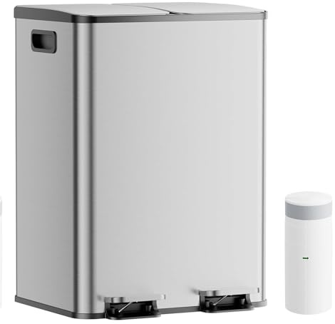 Vidacharmy Double Rubbish Bin, 2 x 20L Kitchen Bin, Double Bin for Recycling and Waste, Dual Compartment Metal Step Pedal Bin, 20 Liners Included, Inner Buckets, Soft-Close Lids, and Handles