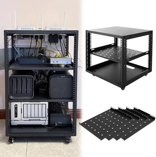 Serverställ med öppen Ram Justerbart Serverställ med Öppen Ram och Hjul, 10 12 15 18 20U Nätverksställ med Hyllor, Utrustningsskåp med Rullställ för IT och AV-utrustning(10U,4 tier)