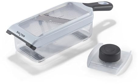 Salter Mandoline with Storage Box - Adjustable Stainless Steel Blades, Non-Slip Base, Finger Guard Protection, Easy-Clean Food Prep, Controlled Thickness, Slice & Store, Black/White