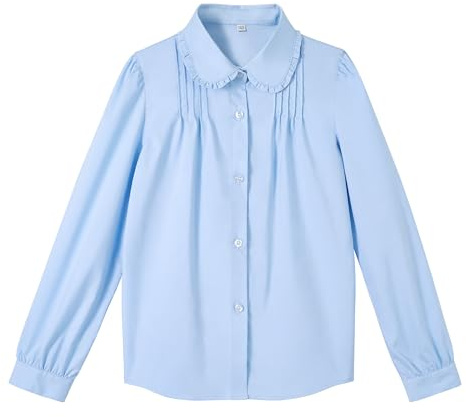 LOLANTA Camicia per Bambine a Maniche Lunghe con Colletto Peter Pan Arricciato, Misto Poliestere Cotone, Camicia da Uniforme Scolastica, Blu (Colletto a Volant), 10-11 Anni, 150