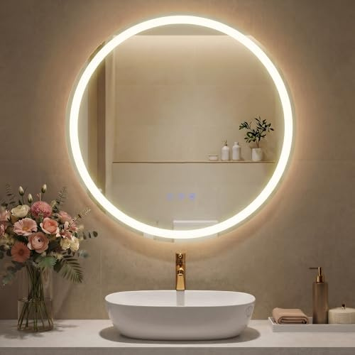 SONGMICS Specchio Bagno con Luce, Specchio da Parete Rotondo, Funzione Antiappannamento, Tonalità e Luminosità Regolabili, Trucco, Camera da Letto Bagno, 61 cm, Bianco Nuvola LWM211WC02