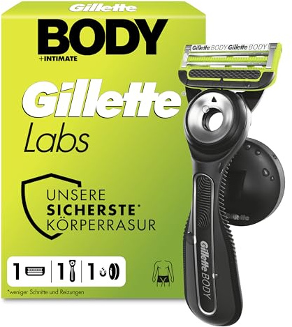 GilletteLabs Body & Intimate Rasierer Herren, Intimrasierer Mann mit Schutz Vor Eingewachsenen Haaren und Reizungen — Inkl. 1 Rasierhandstück für Körper und Intimbereich, Duschhalterung und 1 Klingen