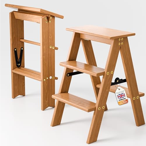 3 Steps Ladder,wooden step stool,Folding Step Stool with Anti-Slip Wide Pedal,150KG Load,2-in-1 Wood Foot Stool Display Storage Shelf Flower Rack for Home Ktichen (Beech K1)