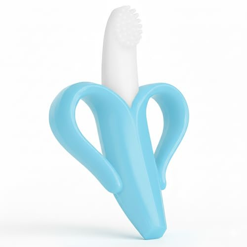 Cepillo de dientes y mordedor de plátano para bebés - invención 2 en 1 para cepillarse los dientes y ayuda para la dentición (azul)