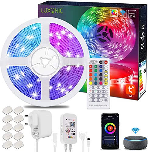 LUXONIC Striscia LED 20m WiFi RGB Colorati Controllata da Telecomando e App per Smartphone, Sincronizza con la Musica, Funziona con Alexa Google Assistant, Strisce LED per la Decorazione Domestica