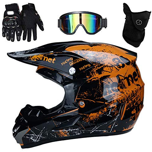 UIGJIOG Casque De Moto Imprimé Floral Orange pour Enfant Motocross Off-Road Casque VTT BMX Downhill,Cadeau pour Enfants 4PCS,Orange,S(52~53cm)