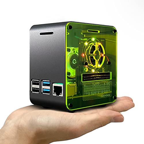 ElectroCookie Mini boîtier tour en aluminium avec ventilateur de refroidissement et lumière ambiante à changement de couleur (noir néon) pour Raspberry Pi 4