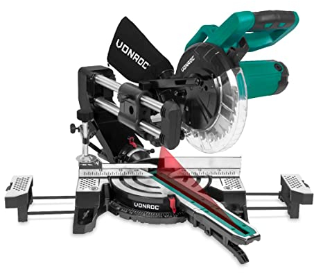 VONROC Scie à Onglet Radiale 2200W – Lame de Scie Ø 216mm - Système Coulissant Compacte Avec Laser et Lampe LED Intégrée + Extensions de Table, Pinces & Sac de Récupération de Poussière