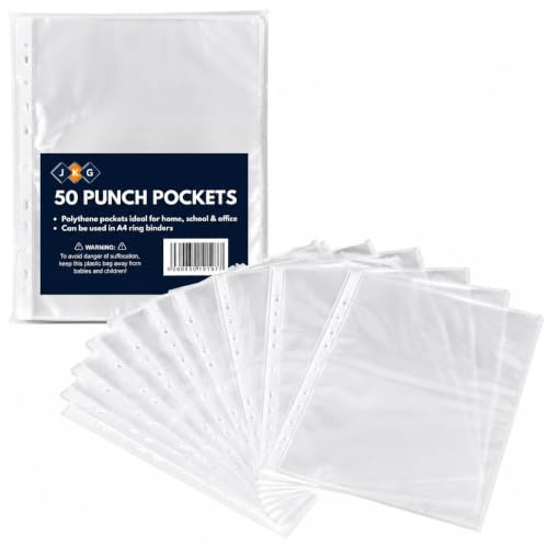 JKG® 50 Pack A4 Clear Poly Pockets - Plastic Punched Pockets A4 Organizer | Strong Plastic Wallet Folder | Home, Office, Work Document Wallet | Perfect for Document Files Ring Binder