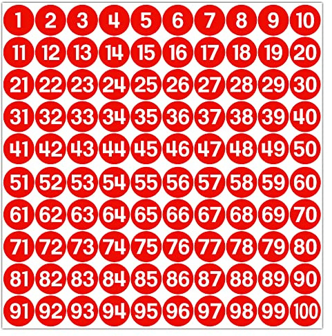 GamesMonkey® - Etiketter med nummer cirklar - röd - 1 till 100 - (100-500 - 2500 st)(10-25 mm) vattentät vinyl - på varandra följande lager (25 mm - 2,5 cm, 100 stycken - 1 ark)