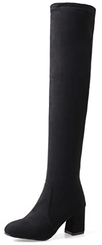 OALEEN Bottes Cuissardes Femme Sexy Talon Haut Hiver Effet Daim Bout Rond Chaussures Noir 43