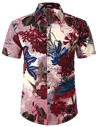 JOGAL Men's Hawaiian Shirt Short Sleeve Button Down Shirt WineredFlower XL