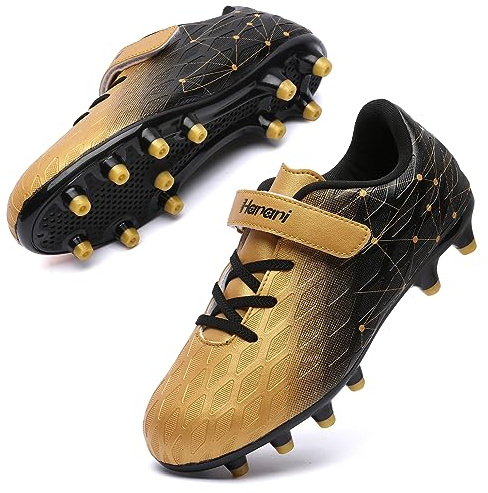 Boys Football Boots Shoes Kids Girls FG/AG Soccer Athletics Training Sport Running Shoes Profession Competition Teenager Indoor Outdoor Cleats Sneakers for Unisex Black Gold EU33 Convert 1UK