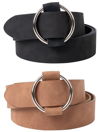 besbomig 2 Stück Damen Ledergürtel Verstellbarer Damengürtel Mode Silber Schnalle Damen Taille Gürtel für Kleid, Jeans, Shorts